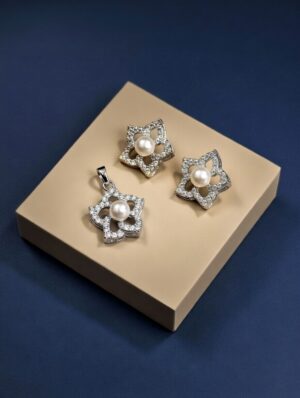 The Floral Radiance Rose-Quartz Floral Halo Pendant & Earring Set