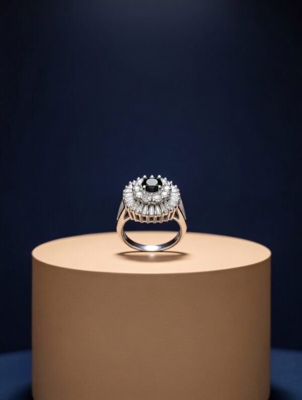 The Regal Emerald Sunburst Halo Ring Black Stone