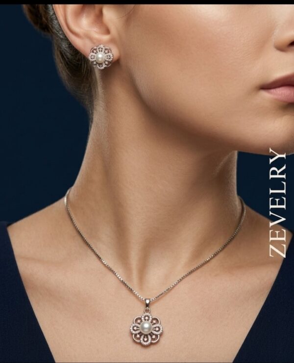 Zevelry Flora Pearl Pendant Set Model wearing Zevelry-Flora-Pearl-Pendant-Set-Model-wearing