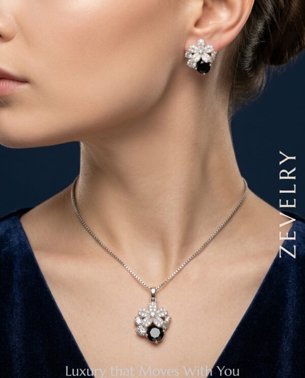 Zevelry Onyx Garden Silver Floral Pendant Set Model wearing Zevelry-Onyx-Garden-Silver-Floral-Pendant-Set-Model-wearing