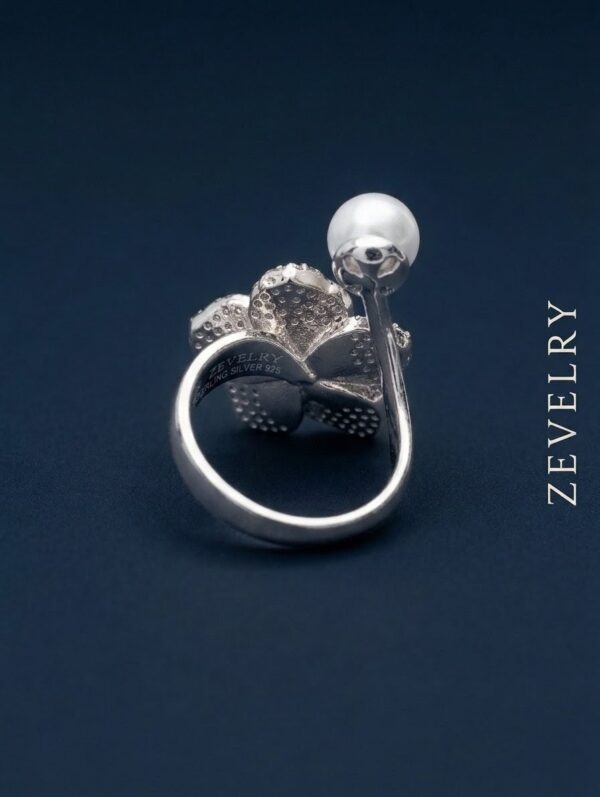 Zevelry Silver Pearl Cocktail Ring Back View Camellia Pearl Statement Ring
