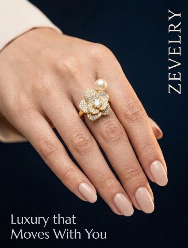 ZevelrySilver Pearl Cocktail Ring Gold Model Wearing Zevelry-Silver-Pearl-Cocktail-Ring-Back-View