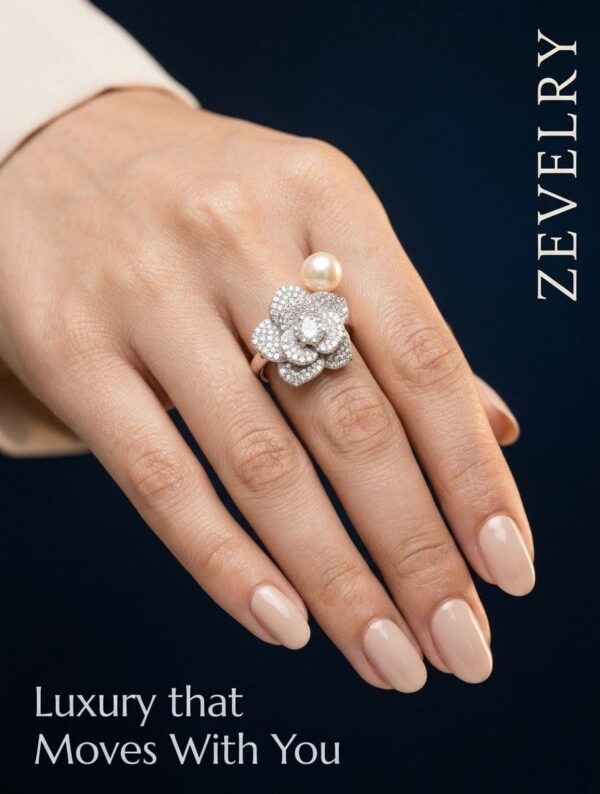 ZevelrySilver Pearl Cocktail Ring Model wearing Zevelry-Silver-Pearl-Cocktail-Ring-Back-View