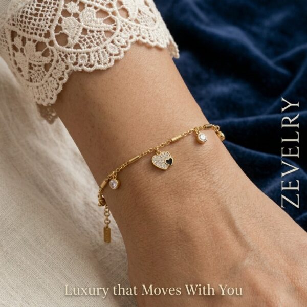 Gold Heart Charm Bracelet for Women Elegant Zircon Bracelet ZEVELRY Model wearing Gold-Heart-Charm-Bracelet-for-Women-Elegant-Zircon-Bracelet-ZEVELRY-Main