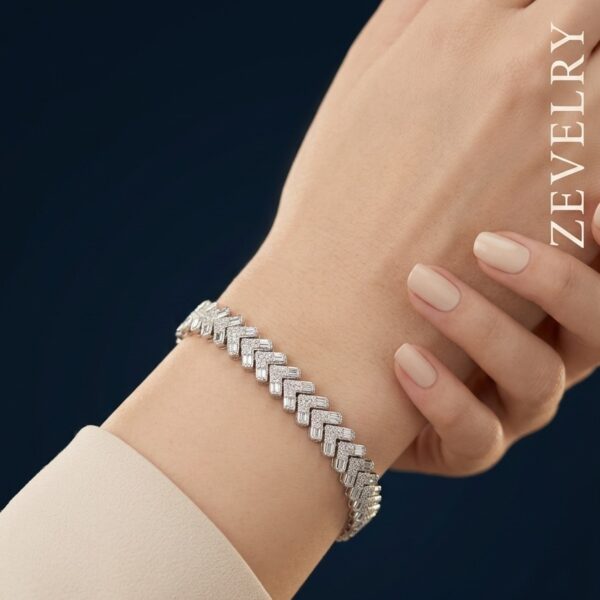 Premium Silver Chevron Bracelet for Women Luxury Zircon Bracelet ZEVELRY Model Wearing Premium Silver Chevron Bracelet for Women Luxury Zircon Bracelet ZEVELRY