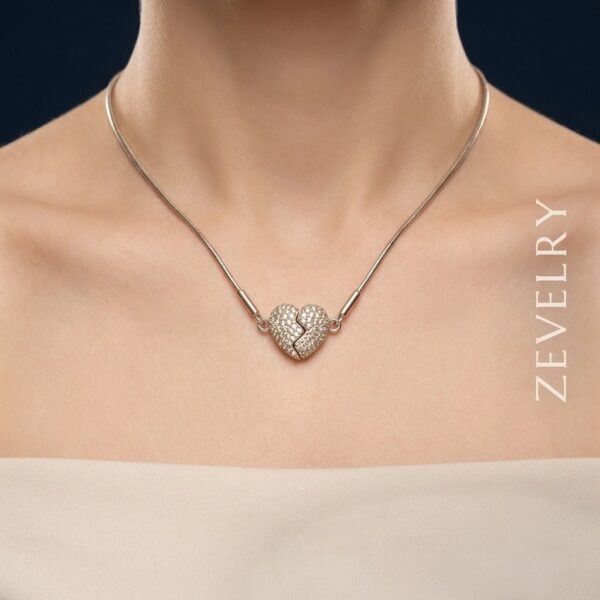Magnetic Heart Pendant Necklace Stainless Steel Silver Necklace ZEVELRY Model wearing Magnetic Heart Pendant Necklace Stainless Steel Silver Necklace ZEVELRY