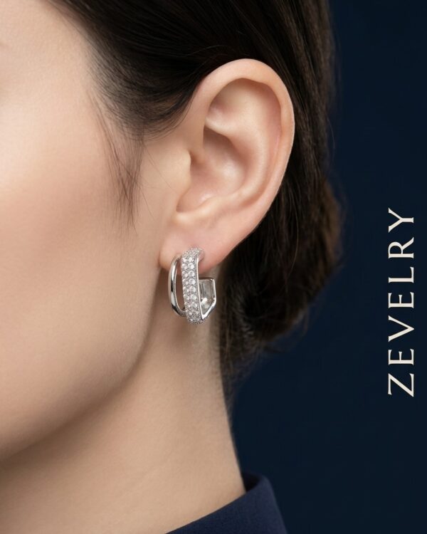 Silver Double Hoop Earrings for Women Luxury Zircon Earrings ZEVELRY Model Wearing Silver Double Hoop Earrings for Women Luxury Zircon Earrings ZEVELRY