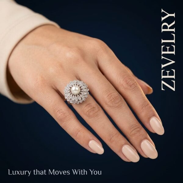 Silver Pearl Floral Ring for Women Luxury Zircon Statement Ring ZEVELRY MW Silver Pearl Floral Ring for Women Luxury Zircon Statement Ring ZEVELRY