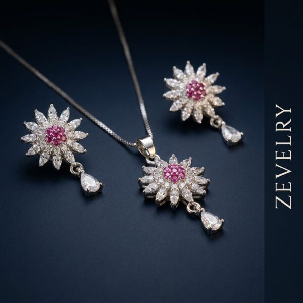 ZEVELRY Rose Solstice Silver Pendant Set with Pink Stones for Women M2 Rose Solstice Pendant Set