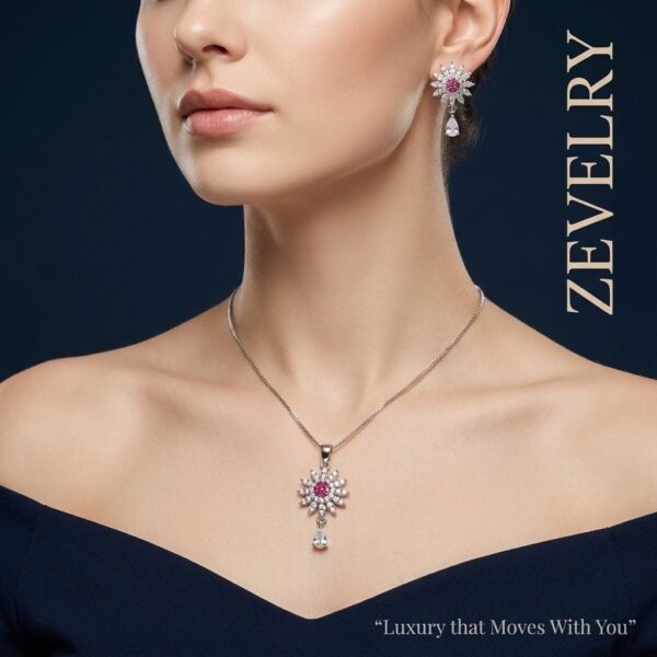 ZEVELRY Rose Solstice Silver Pendant Set with Pink Stones for Women MW ZEVELRY Rose Solstice Silver Pendant Set with Pink Stones for Women