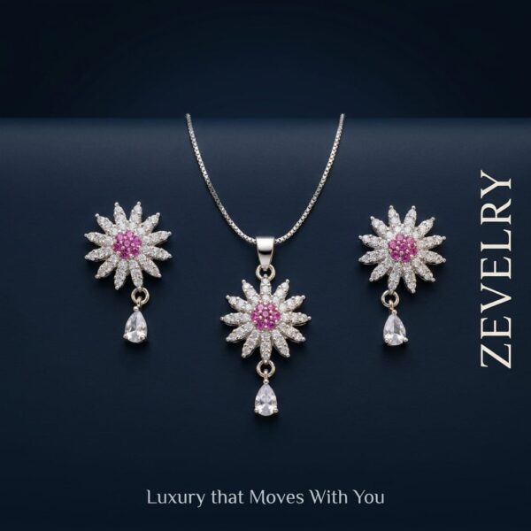 ZEVELRY Rose Solstice Silver Pendant Set with Pink Stones for Women Main ZEVELRY Rose Solstice Silver Pendant Set with Pink Stones for Women